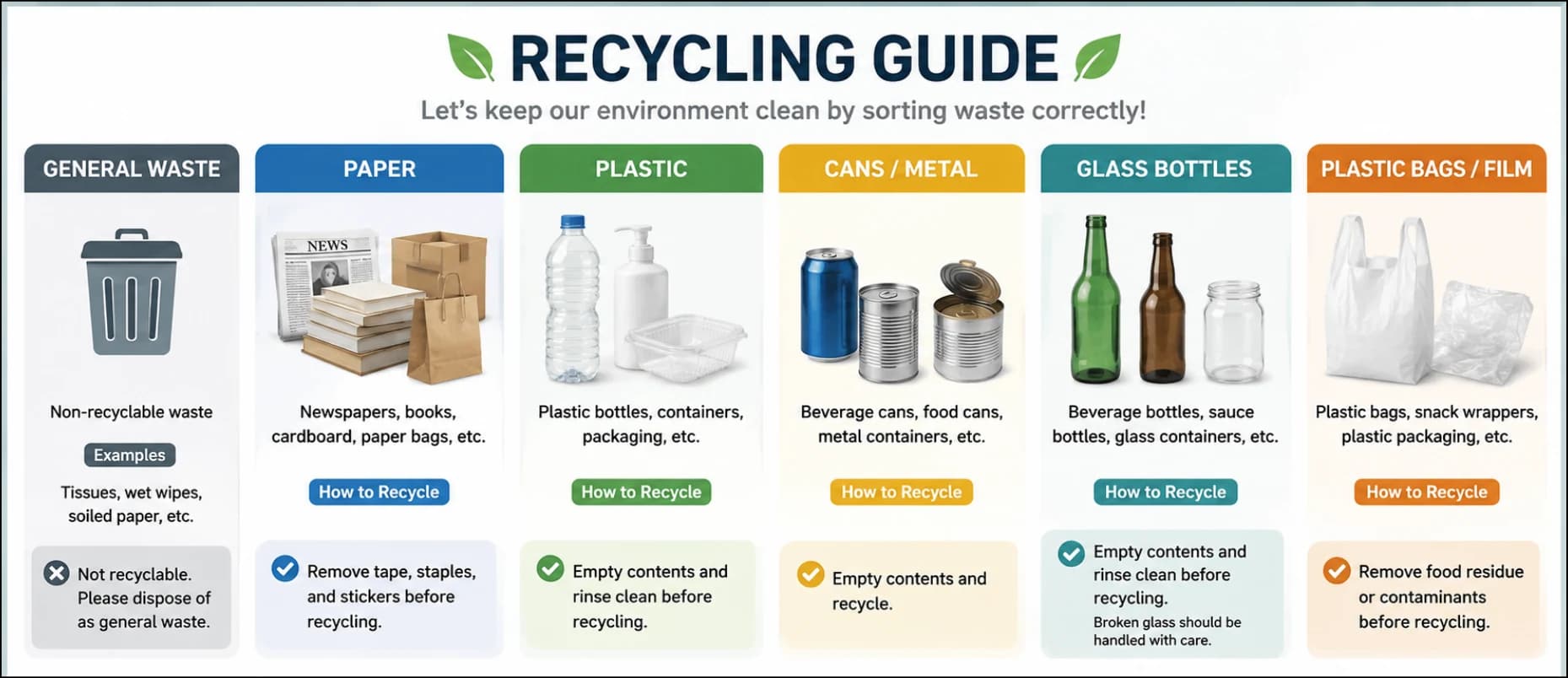 Recycling guide chart: general waste, paper, plastic, cans and metal, glass bottles, plastic bags and film